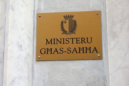 Plaque of the Ministry of Health (Maltese: Ministeru ghas-Sahha), Valletta, Malta