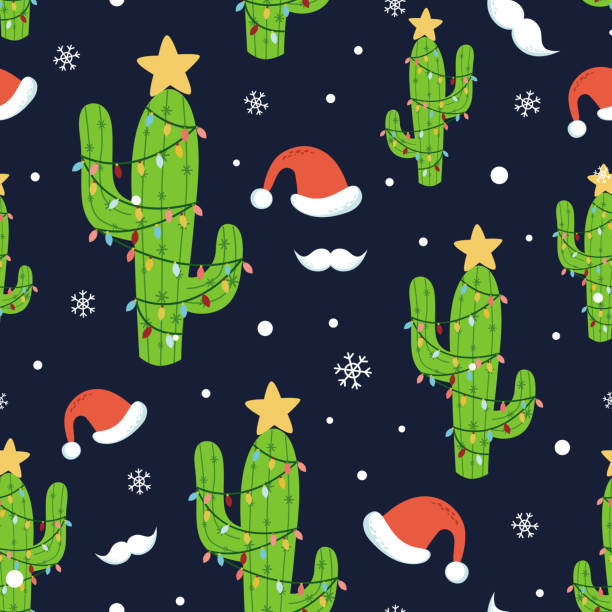Cactus Christmas seamless pattern Holiday background Christmas cactus light Santa hat mustache snowflakes vector art illustration