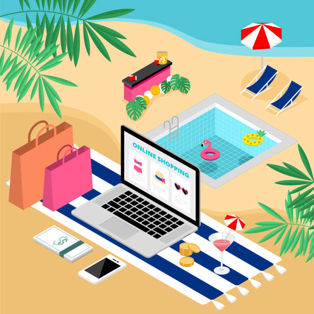 ilustraciones, imágenes clip art, dibujos animados e iconos de stock de comercio electrónico de verano tropical isométrico de compras en línea con portátil en la playa - swimwear bikini swimming pool red