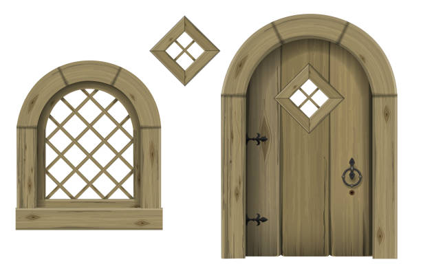 античные деревянные арочные двери и окна - gothic style castle church arch stock illustrations
