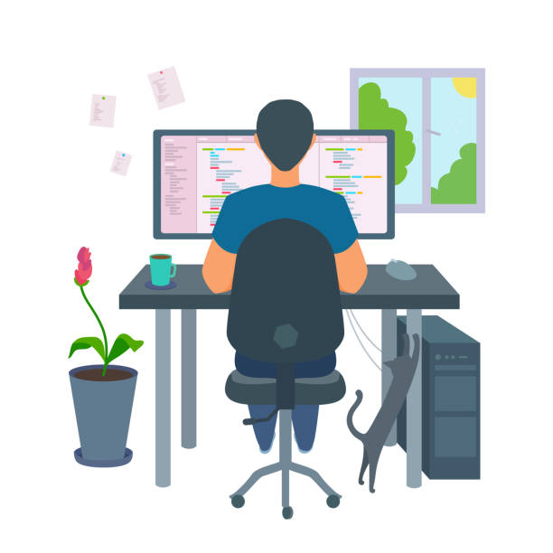 A freelancer programmer coding a program at home. Cozy environment: coffee, cat, pot flower, window. Vector illustration isolated on white background. working at home illustrations stock illustrations