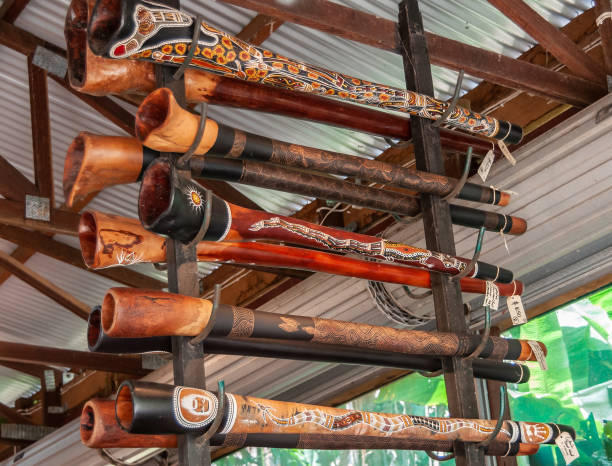Collection of didgeridoos displayed at Port Douglas, Australia. stock photo