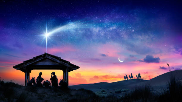 geburt jesu - szene mit der heiligen familie mit komet bei sonnenaufgang - religion stock-fotos und bilder