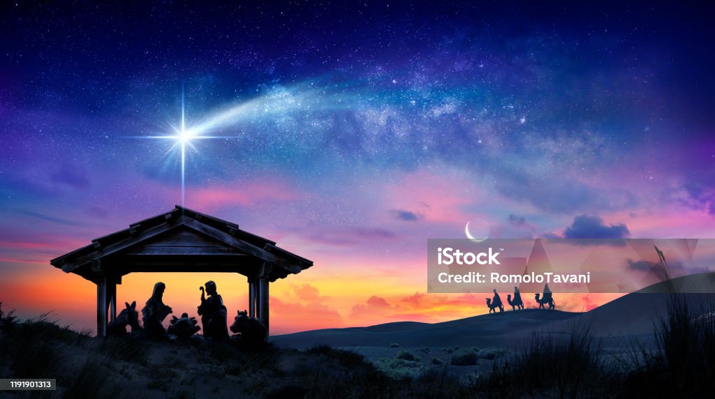 Nativity Of Jesus - Scene With The Holy Family With Comet At Sunrise Nativity Scene Stock Photo