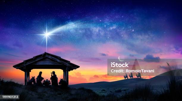 Nativity Of Jesus Scene With The Holy Family With Comet At Sunrise Stock Photo - Download Image Now