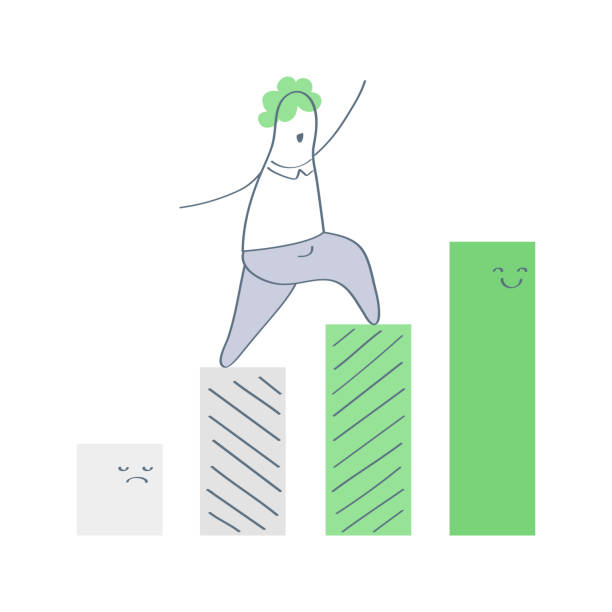 Businessman going up a chart, jumping over graph stat to goal Growth vector diagram, success business, achieving results, career growth. Flat line vector illustration on white, increase stat stock illustrations