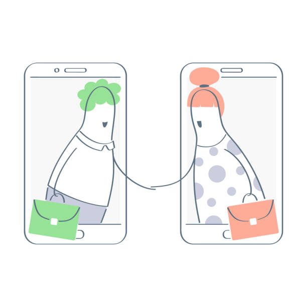 Mobile connection, online electronic dealing and cooperation Two cartoon characters male and female partners handshaking from the screens of different smartphones, closing a deal, making an agreement shareholders meeting stock illustrations