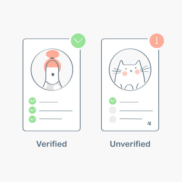 検証済みおよび未確認のステータス、チェックマーク付きプロファイル、認証システム、データアクセス、識別、ユーザーのサインアップまたはログインフォーム。かわいいフラットアウト� - unverified点のイラスト素材／クリップアート素材／マンガ素材／アイコン素材