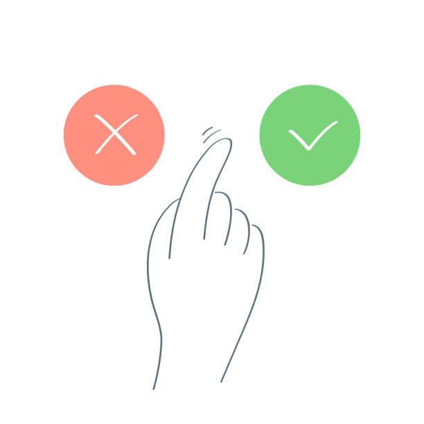 Choice, red X and green tick OK check marks, approval signs design Test question, dilemma, check list marks, view, choice options, test, quiz or survey signs. Flat line isolated vector on white. checkbox yes asking right stock illustrations