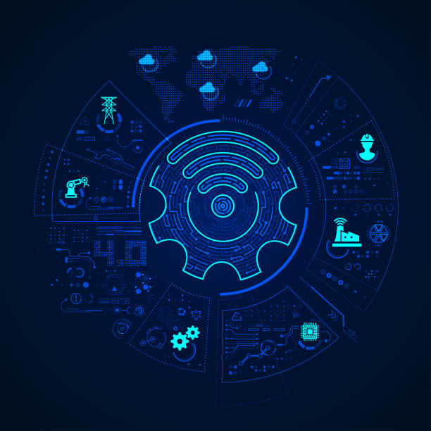 industryFour concept of industry 4.0 or internet of things (IOT), shape of wifi sign combined with cogwheel and advance technology elements industry and manufacturing infographics stock illustrations