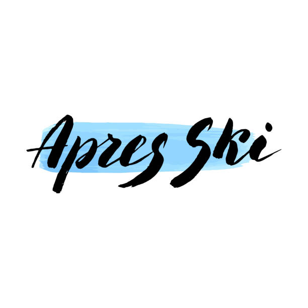 apres himmel textphrase. trendige pinsel kalligraphie typ. apres ski freizeit wort für broschüre, flyer, menü, werbung. vektor eps 10. - apres ski snow winter european alps stock-grafiken, -clipart, -cartoons und -symbole