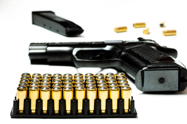 istock Patrons for a traumatic pistol stand in a black plastic form for cartridges. Weapons 1191904238