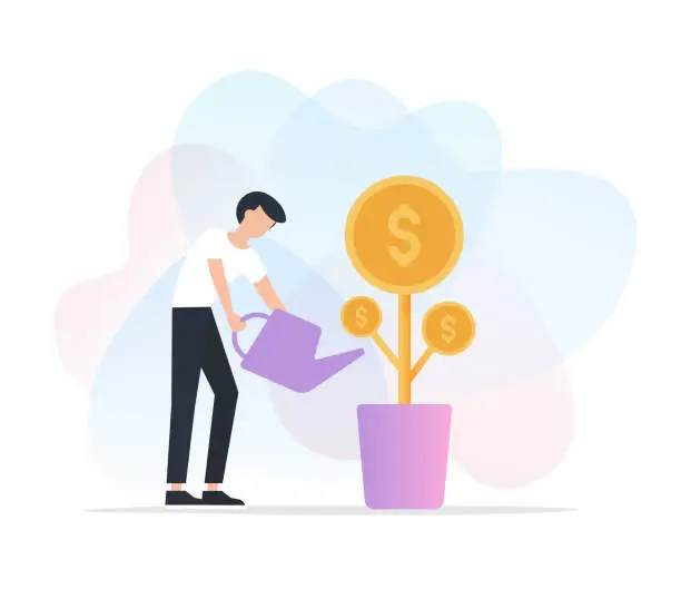 Vector illustration of Man is watering a money tree