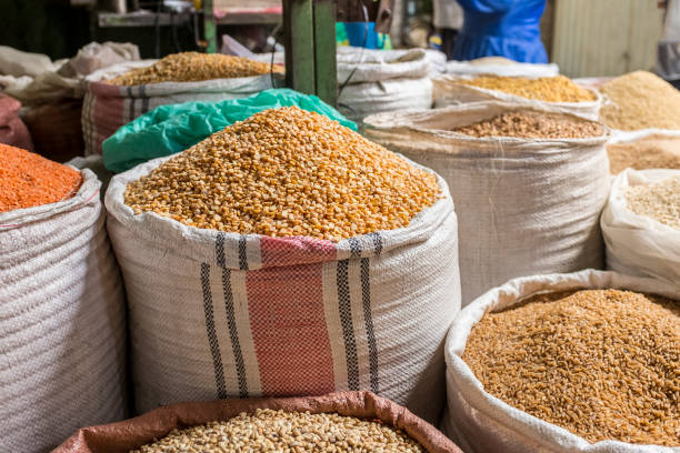 Beans, lentils and spices at market in central Asmara, the capital of Eritrea, East Africa on a sunny day.