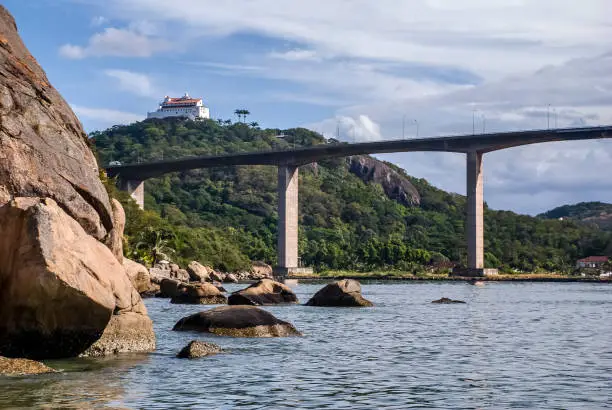 Third Bridge and the Penha Convent photographed in Vitoria and Vila Velha, Espirito Santo, Southeast of Brazil. Picture made in 2008.