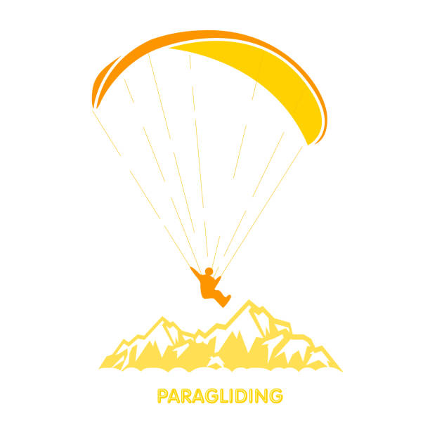 paragliding-logo mit fallschirmspringer über berge, fallschirmspringer über gipfel - gleitschirmfliegen stock-grafiken, -clipart, -cartoons und -symbole