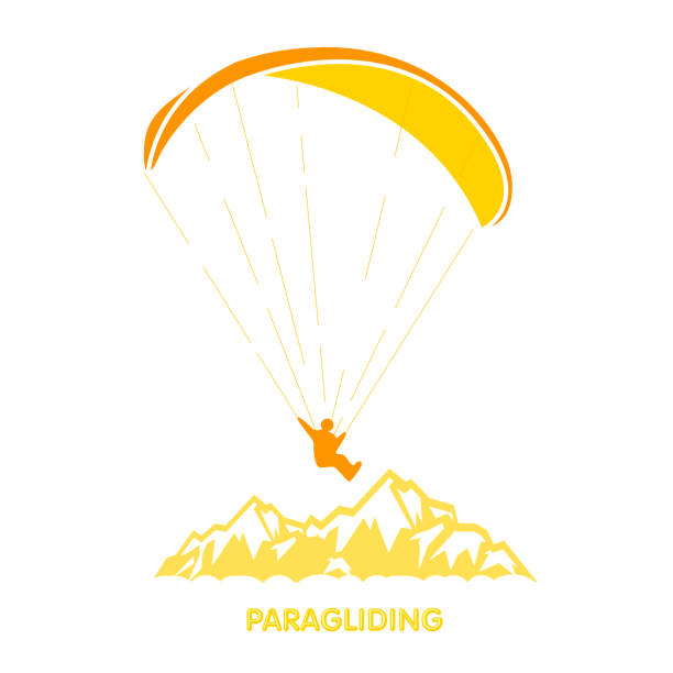 illustrazioni stock, clip art, cartoni animati e icone di tendenza di logo parapendio con paracadutista che sorvola le montagne, paracadutista sulla vetta - skydiving parachuting extreme sports airplane