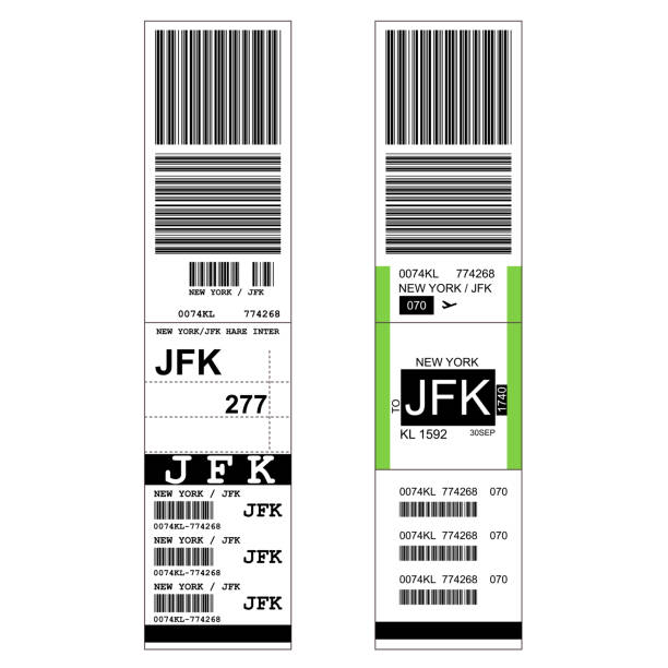 Sticky baggage label with JFK New York airport sign, hand luggage tag template Sticky baggage label with JFK New York airport sign, hand luggage tag template label stock illustrations