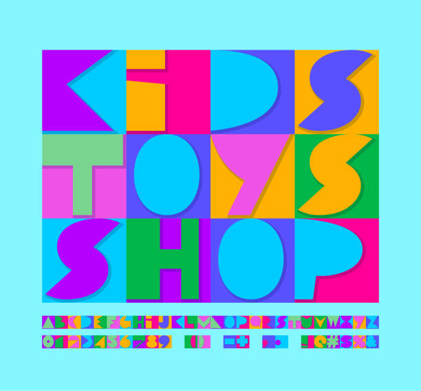 illustrations, cliparts, dessins animés et icônes de vector coloré sign kids toys shop. lettres, nombres et symboles lumineux d'alphabet - child desing education playful