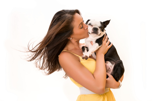 Beautiful Woman Kissing Boston Terrier Dog on White Background