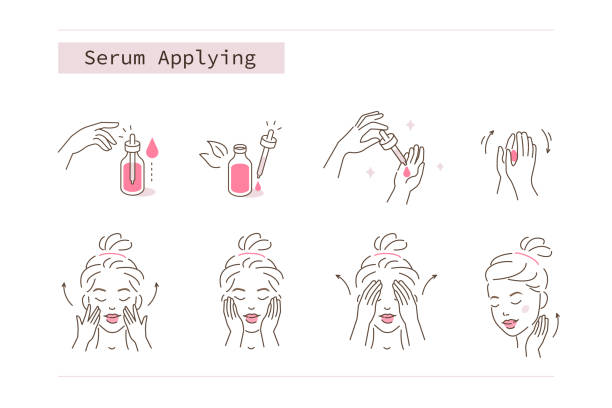 serum Beauty Girl Take Care of her Face and Applying Cosmetic Serum Oil. Woman Making Facial Massage by Lines. Skin Care Routine, Hygiene and Moisturizing Concept. Flat Vector Illustration and Icons set. facial mask beauty product illustrations stock illustrations