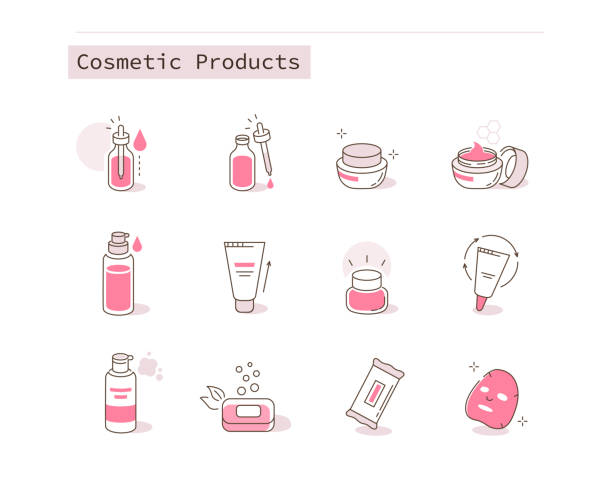 cosmetic products Different Cosmetic Icons Collection. Containers and Bottles with Beauty Products. Moisturizing Cream, Hygienic Products, Serum and other Skin Care Cosmetics. Flat Line Cartoon Vector Illustration. beauty product illustrations stock illustrations