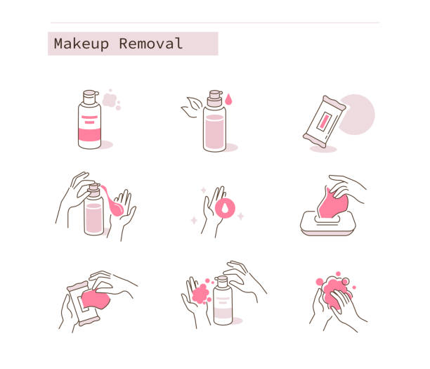 make up removal Makeup  Removal Cosmetic Icons Collection.  Different Cleaning Beauty Products. Tissue, Foam, Gel and Soap. Skin Care Routine, Hygiene and Moisturizing Concept. Flat Line Cartoon Vector Illustration. facial mask beauty product illustrations stock illustrations