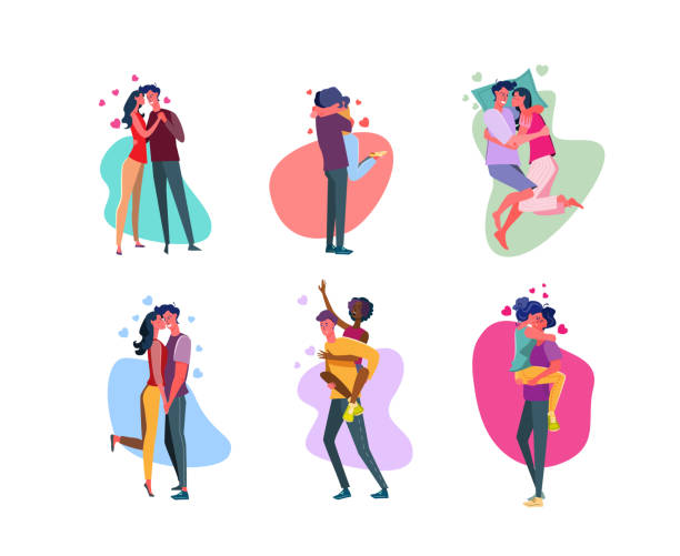 Set of affectionate couples embracing in love Set of affectionate couples embracing in love. Happy young men and women lovers hugging, holding hands, kissing, dating together. Romantic feelings, passion and relationship flat vector illustration kissing illustrations stock illustrations