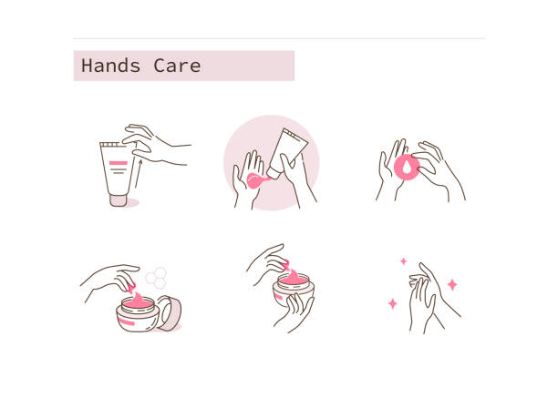 hands care Hands Care Cosmetic Icons Collection. Woman Use Different Skincare Products. Hand and Body Cream and Lotion. Skin Care Routine, Hygiene and Moisturizing Concept. Flat Line Cartoon Vector Illustration. softness illustrations stock illustrations