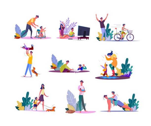 Set of parents enjoying parenting and walking with children Set of parents enjoying parenting and walking with children. Fathers and mothers people playing, painting, doing sports together with daughters and sons kids. Family leisure flat vector illustration father kid stock illustrations