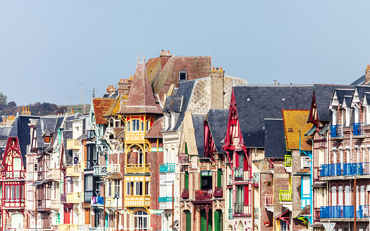 Colourful facades at Promenade Mers Le Bains, Normandy, France