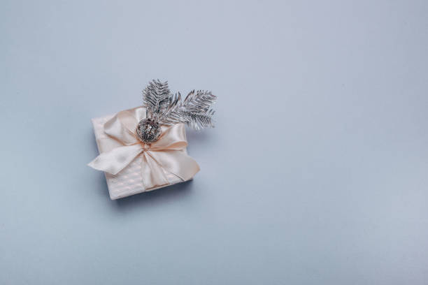 istock Christmas composition.Small gift box with Christmas decor, a spruce silver branch on a light blue background. Minimalism, flat lay. Copy space. 1191918162