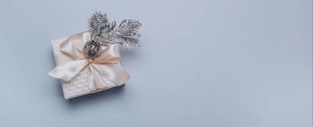 istock Christmas composition.Small gift box with Christmas decor, a spruce silver branch on a light blue background. Minimalism, flat lay. Banner 1191918233