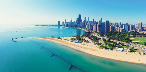 Chicago skyline with Michigan lake aerial view Chicago skyline with Michigan lake aerial view lake shore drive chicago stock pictures, royalty-free photos & images