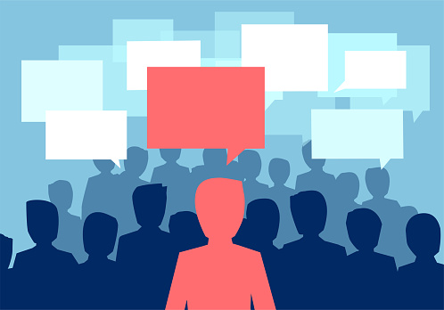 Community communication concept. Vector of a people crowd communicating with one person having a different opinion