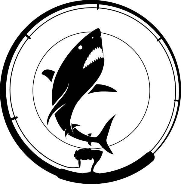 fishing badge fishing badge with shark and fishing rod tiger shark stock illustrations