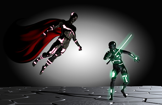 New generation superhero confrontation in futuristic dojo.