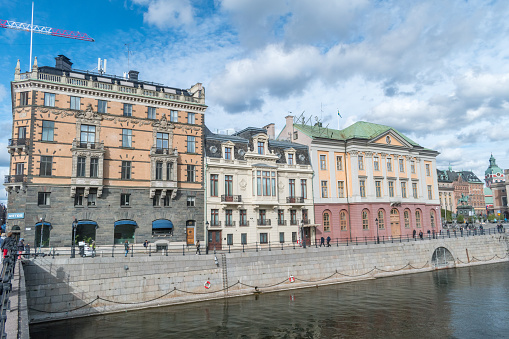 Stockholm, Sweden - September 24, 2019: Buildings on Stromgatan street with Sager House. Sager House is official residence of the Prime Minister of Sweden.