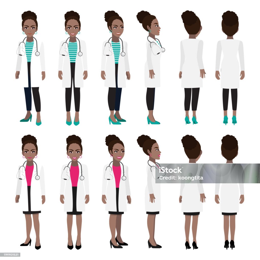 African American Female Doctor Cartoon Character Front Side Back 34 View Animated  Character Flat Vector Illustration Stock Illustration - Download Image Now  - iStock