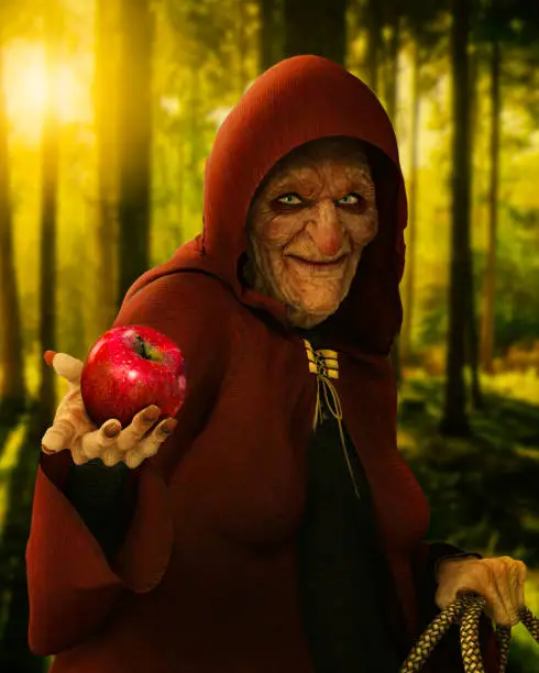 Fairytale evil old witch holding a poisoned red apple at twilight in a deep forest, scene from the tale Snow White, 3d render