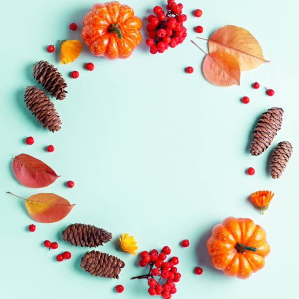 istock Autumn frame with leaves, rowan berries, orange pumpkins, pine cones on pastel background, flat lay. Fall, thanksgiving concept. Lay out with autumn leaves and plants in fall colors, copy space 1191932695