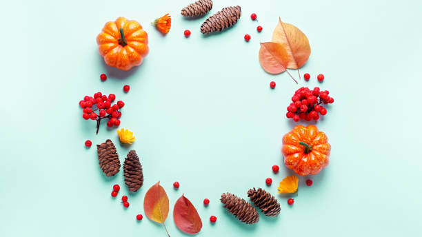 istock Autumn frame with leaves, rowan berries, orange pumpkins, pine cones on pastel background, flat lay. Fall, thanksgiving concept. Lay out with autumn leaves and plants in fall colors, copy space 1191932814