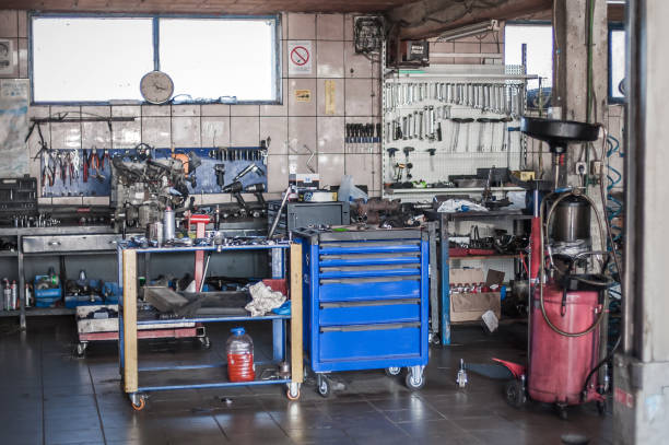 Mechanic tool set in auto vulcanizing and vehicle service workshop. Close up