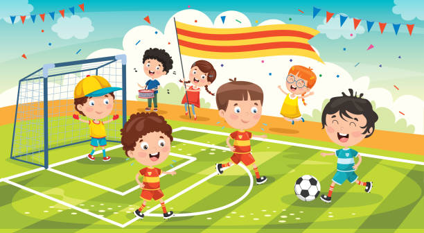 kleine kinder, die draußen fußball spielen - playing field goalie soccer player little boys stock-grafiken, -clipart, -cartoons und -symbole