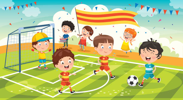 маленькие дети, играющие в футбол снаружи - playing field kids soccer goalie soccer player stock illustrations