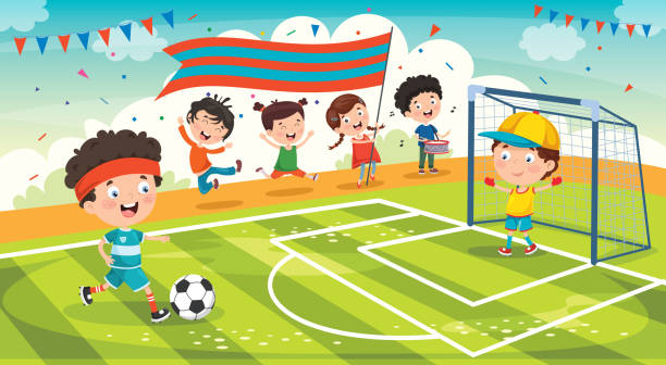 kleine kinder, die draußen fußball spielen - playing field goalie soccer player little boys stock-grafiken, -clipart, -cartoons und -symbole