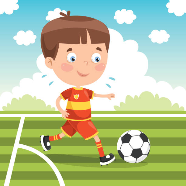 маленький ребенок, играющий в футбол снаружи - playing field goalie soccer player little boys stock illustrations