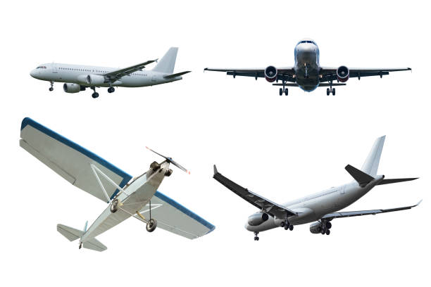 Blank white airplane mockup, rotation angles of all sides, 3d rendering. Empty 180 and 360 rotating plane or boeing mock up, isolated. Clear aeroplane nose and wing, different angle template.
