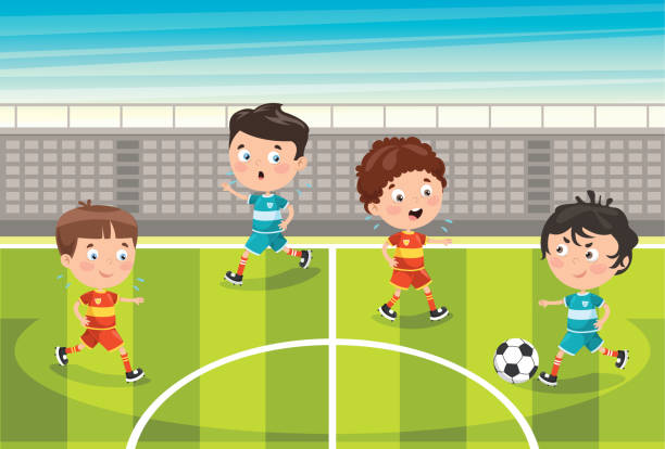 kleine kinder, die draußen fußball spielen - playing field goalie soccer player little boys stock-grafiken, -clipart, -cartoons und -symbole