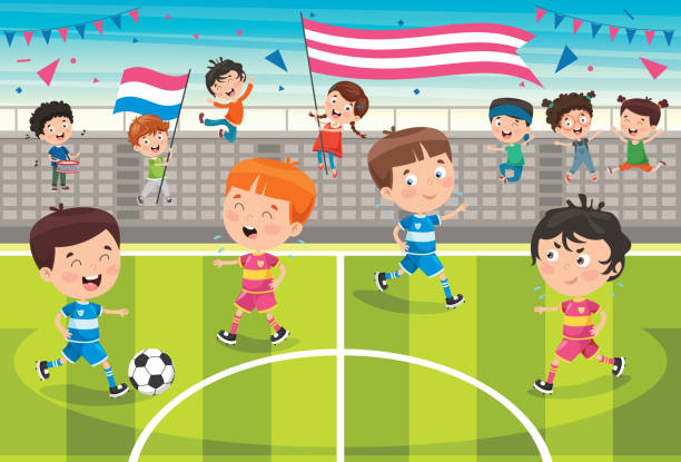 kleine kinder, die draußen fußball spielen - playing field goalie soccer player little boys stock-grafiken, -clipart, -cartoons und -symbole